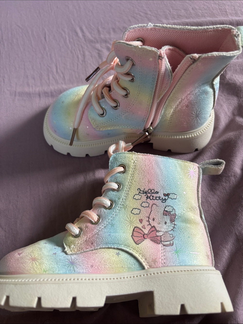 Hello Kitty Pastel Rainbow Lace-Up Boots with Side Zipper - Pink Accents